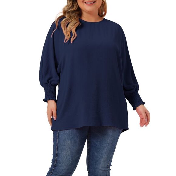 Plus Size Chiffon Tops Batwing Ruffle Elbow Sleeve Loose Shirts Navy Blue - Picture 2 of 5